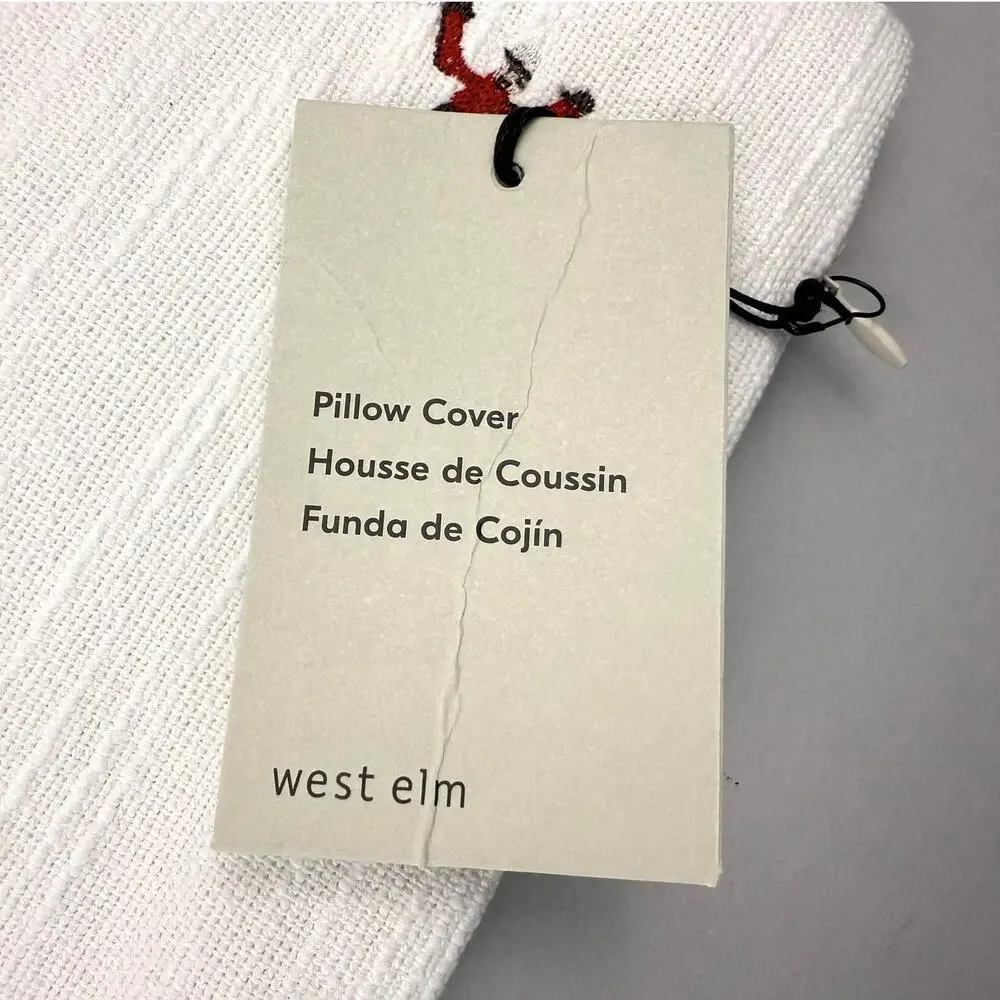 West Elm Embroidered Skier Pillow Cover 18x18 Alabaster Cotton Winter Decor New